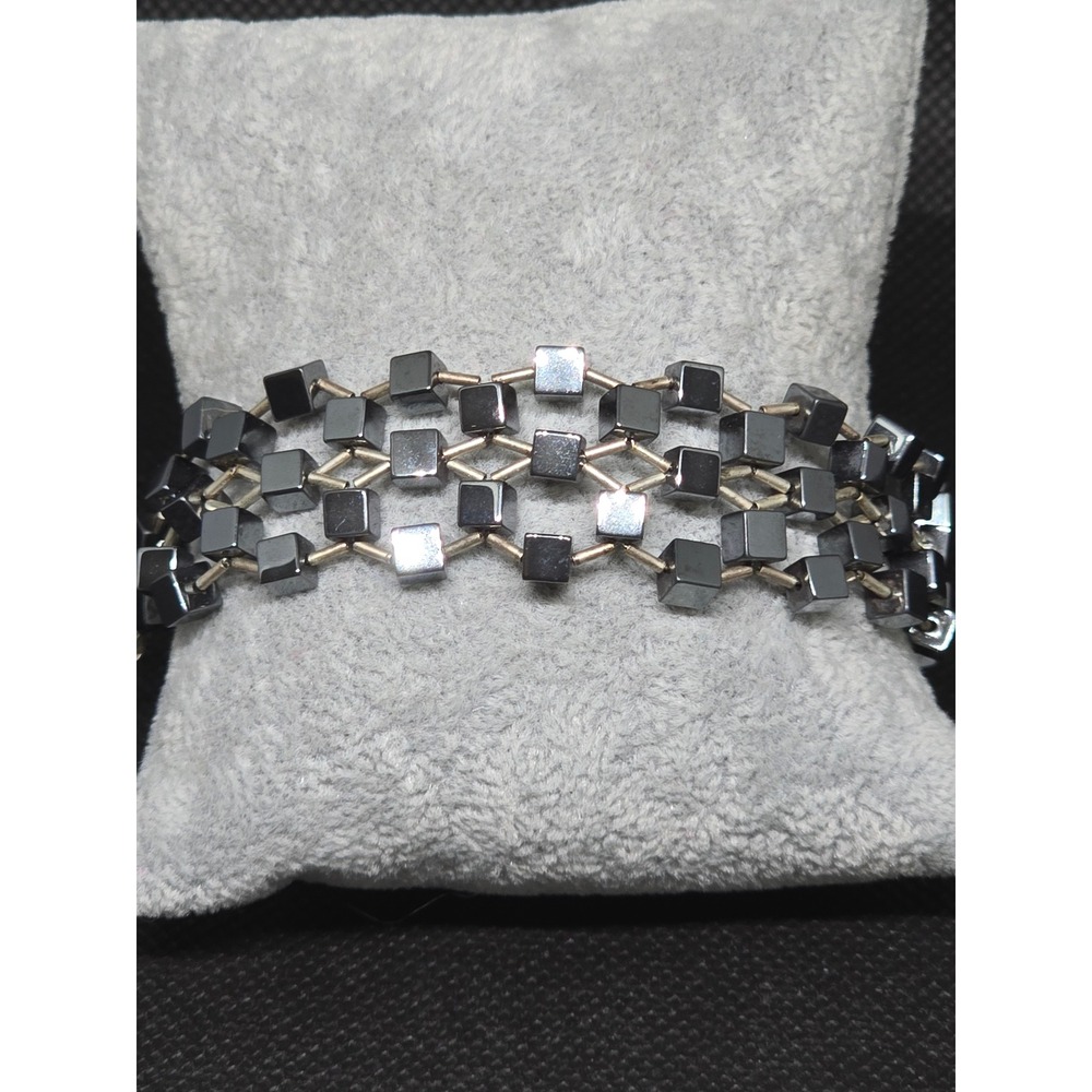 Vintage‎ Hematite Cube Triple Row Bracelet Gunmetal Geometric Estate Jewelry